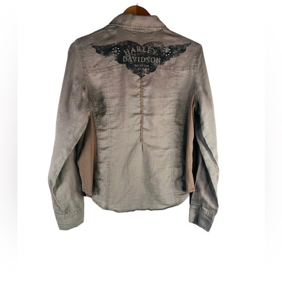 Harley-Davidson Tops - Harley Davidson Women Quarter Button Long Sleeve Shirt Ramie in Tan Size M